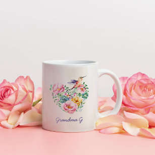 Caneca De Café Em Dois Tons Watercolor Floral Heart Hummingbird Avó Gift 2