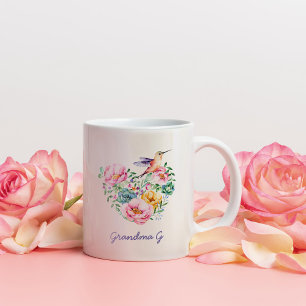 Caneca De Café Em Dois Tons Watercolor Floral Heart Hummingbird Avó Gift 2