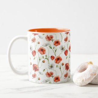 Caneca De Café Em Dois Tons Watercolor Meadow Poppies And White Wildflowers