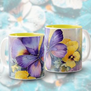 Caneca De Café Em Dois Tons Watercolor Springtime Borboleta Roxeira Cama Cerâm