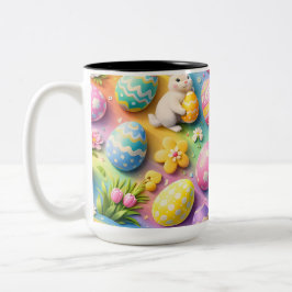 Caneca De Café Em Dois Tons Whimsical Easter bunny and colourful egg pattern c