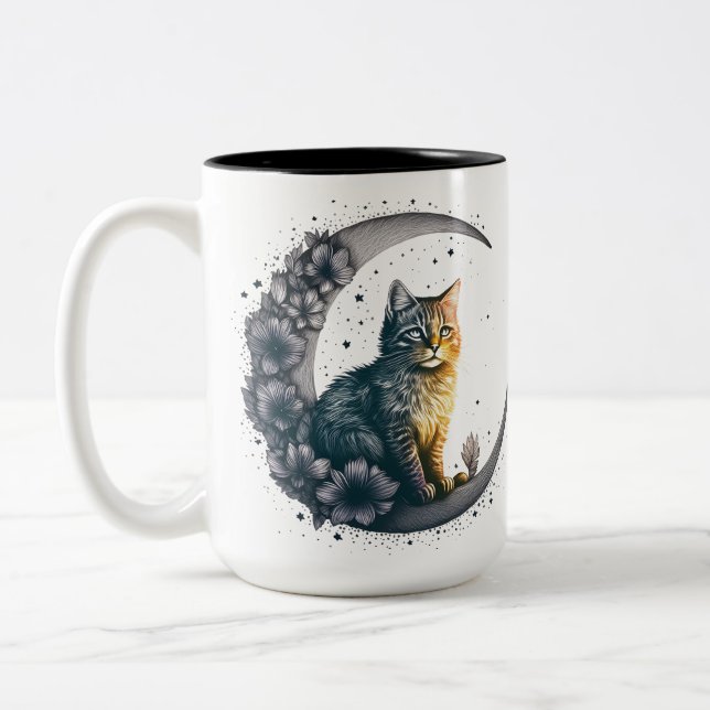Caneca De Café Em Dois Tons Whimsical Moonlit Cat Art (Esquerda)