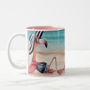 Caneca De Café Em Dois Tons Whimsical Pink Flamingo N.º 1 Arte por Aquarela