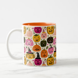 Caneca De Café Em Dois Tons Whimsical Pumpkins Spooky Bonito Coloração Hallowe