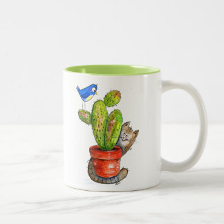 Caneca De Café Em Dois Tons Whimsical Sneaky Cat com Cactus