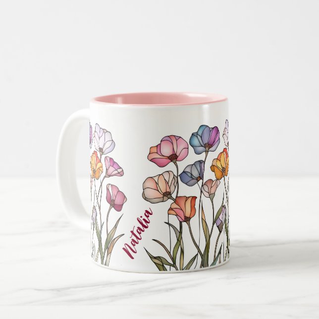 Caneca De Café Em Dois Tons Wildflower Stained Glass (Frente Esquerda)
