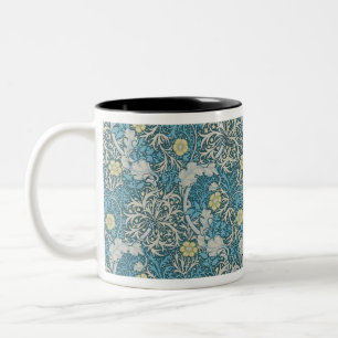 Caneca De Café Em Dois Tons William Morris, padrão art nouveau, algas, azul,