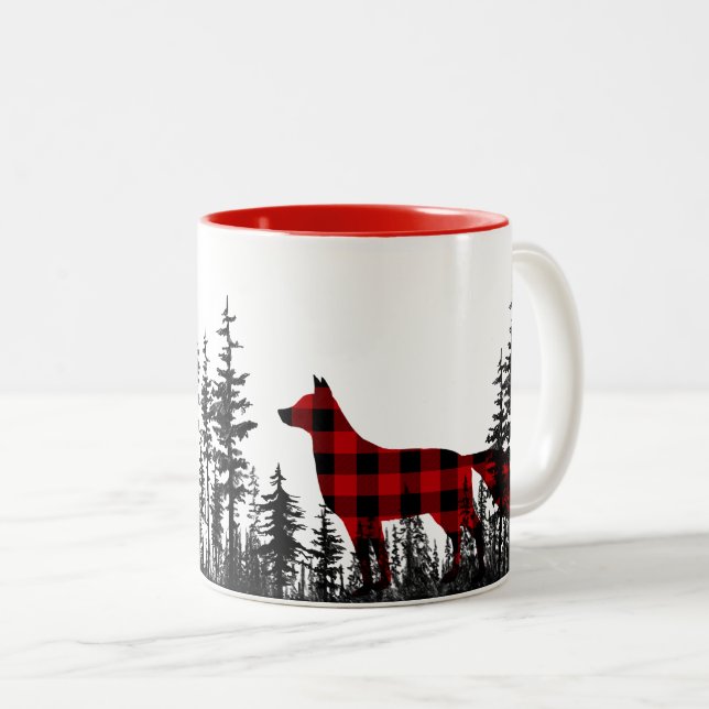 Caneca De Café Em Dois Tons Woodland Pine Forest Buffalo Xadrez Raposa Vermelh (Frente Esquerda)
