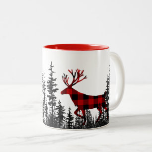 Caneca De Café Em Dois Tons Woodland Pine Forest Buffalo Xadrez Stag Deer