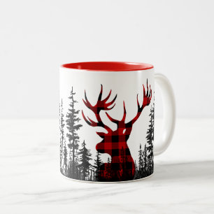 Caneca De Café Em Dois Tons Woodland Pine Forest Buffalo Xadrez Stag Head