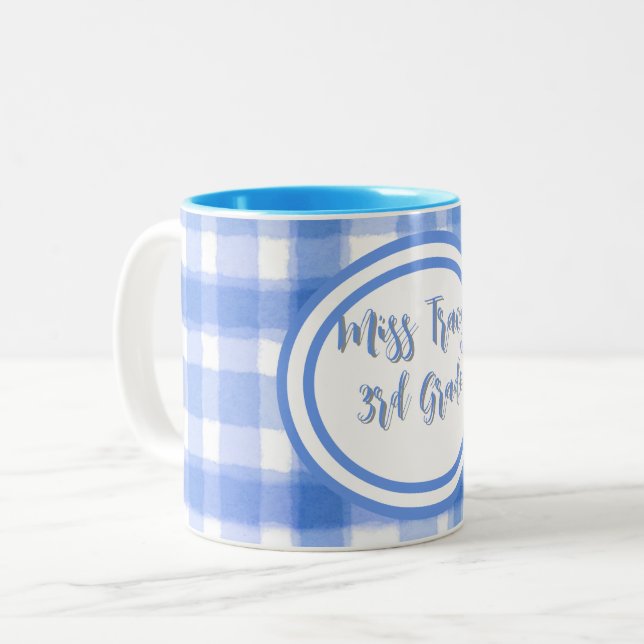 Caneca De Café Em Dois Tons Xadrez Azul Pastel Personalizado  (Frente Esquerda)