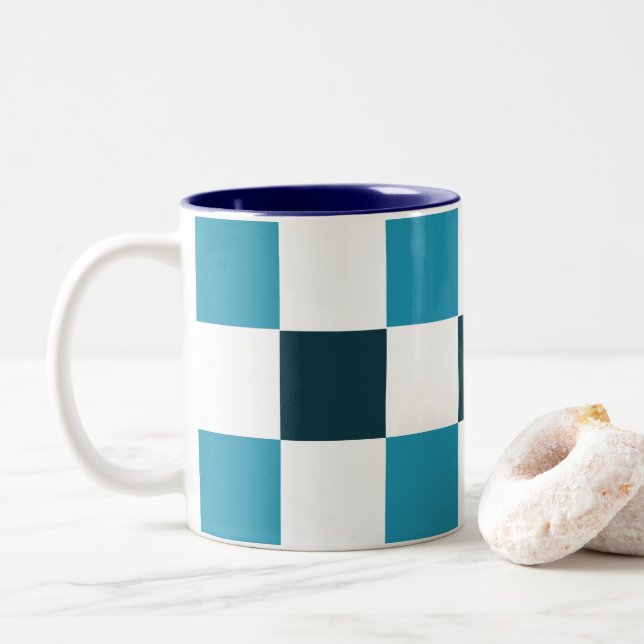 Caneca De Café Em Dois Tons Xadrez Azul Turquesa (Com Donut)
