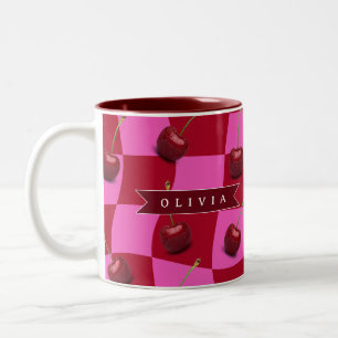 Caneca De Café Em Dois Tons Xadrez Cereja Personalizado Retro Nome Customizado