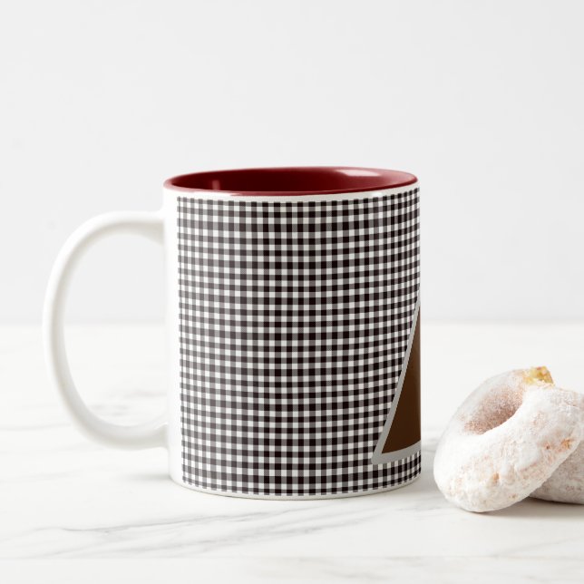 Caneca De Café Em Dois Tons Xadrez Chic Personalizado Monograma (Com Donut)