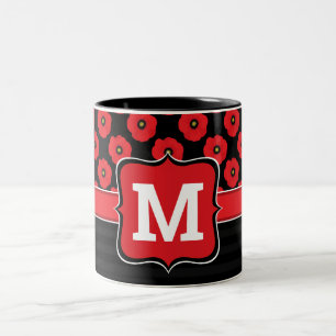 Caneca De Café Em Dois Tons Xadrez Chic Vermelho e Preto Monograma Floral Papo