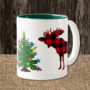 Caneca De Café Em Dois Tons Xadrez de Búfalos Negra e Vermelho de Moose Natal,