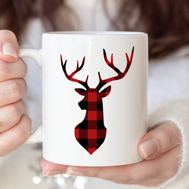 Caneca De Café Em Dois Tons Xadrez de Buffalo Vermelha de Natal Deer Silhouett (Criador carregado)