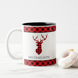 Caneca De Café Em Dois Tons Xadrez de Buffalo Vermelho, de Natal, Deer Silhou