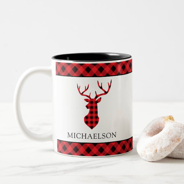 Caneca De Café Em Dois Tons Xadrez de Buffalo Vermelho,  de Natal, Deer Silhou (Com Donut)