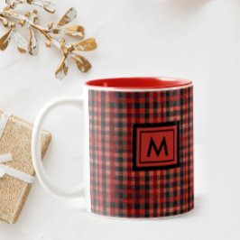 Caneca De Café Em Dois Tons Xadrez Escocês Vermelho Monograma do Padrão Gingha