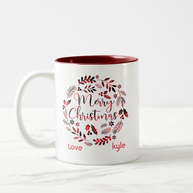 Caneca De Café Em Dois Tons Xadrez Floral Personalizável Feliz Natal (Esquerda)