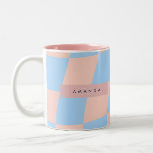 Caneca De Café Em Dois Tons Xadrez Ondulado Personalizado Bebê Azul e Pêssego