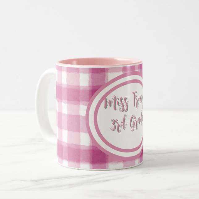 Caneca De Café Em Dois Tons Xadrez Rosa Pastel Personalizado  (Frente Esquerda)