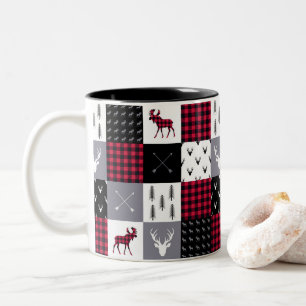 Caneca De Café Em Dois Tons Xadrez russa Buffalo - Patchwork Red White Natal
