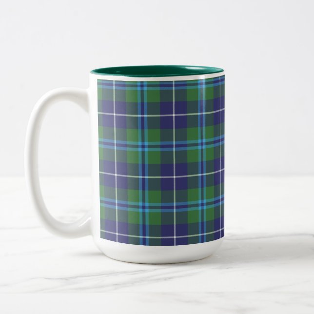 Caneca De Café Em Dois Tons Xadrez Rústico Douglas Azul Verde Tartan (Esquerda)
