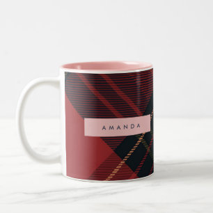 Caneca De Café Em Dois Tons Xadrez Tartã Personalizado Vermelho Escuro e Preto