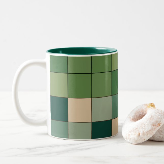 Caneca De Café Em Dois Tons Xadrez Verde  (Com Donut)