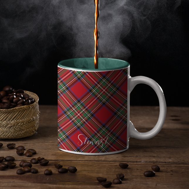 Caneca De Café Em Dois Tons Xadrez Vermelha do Natal Russo Stewart Tartan (Rustic Green Accent Stewart Tartan White 11oz Coffee Mug)