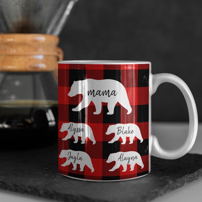 Caneca De Café Em Dois Tons Xadrez Vermelha Moderna E Urso Branco (Criador carregado)