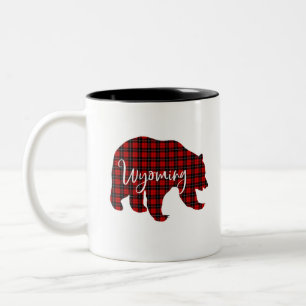 Caneca De Café Em Dois Tons Xadrez Vermelha, Wyoming Bear Correspondendo Pajam