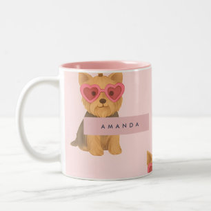 Caneca De Café Em Dois Tons Yorkie Personalizado com Óculos de Sol Coração