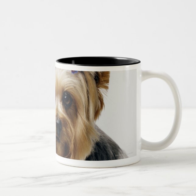 Caneca De Café Em Dois Tons Yorkshire terrier que veste arcos vermelhos (Direita)