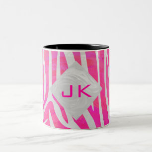 Caneca De Café Em Dois Tons Zebra rosa-quente e branca com monograma