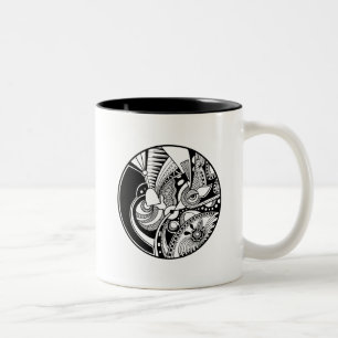 Caneca De Café Em Dois Tons Zendala abstrato preto e branco no círculo