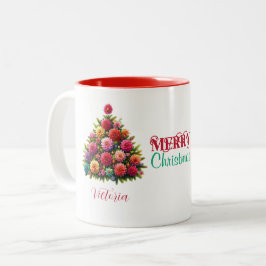 Caneca De Café Em Dois Tons Zinnia Flor Árvore de Natal Feliz Nome de Natal