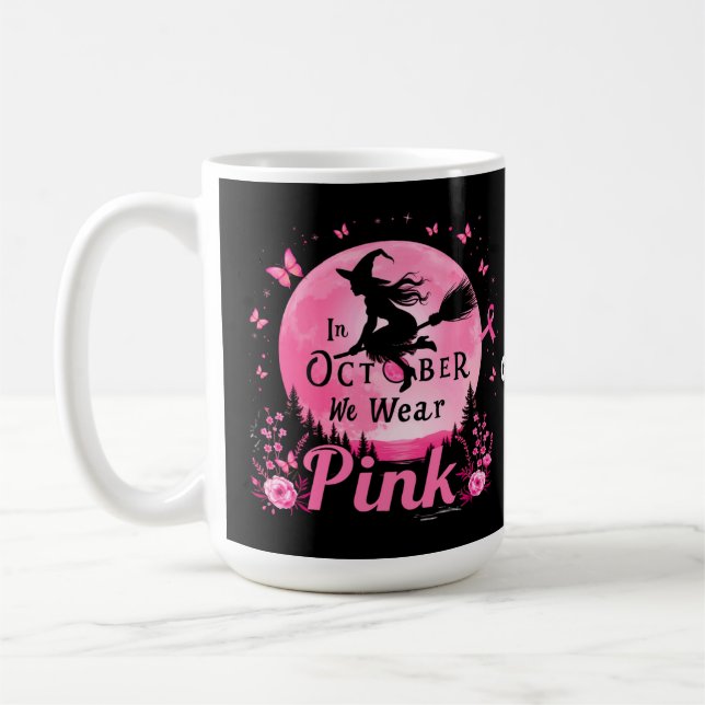 Caneca De Café Em outubro, Vestimos Cancer de Mama de Bruxas Rosa (Esquerda)