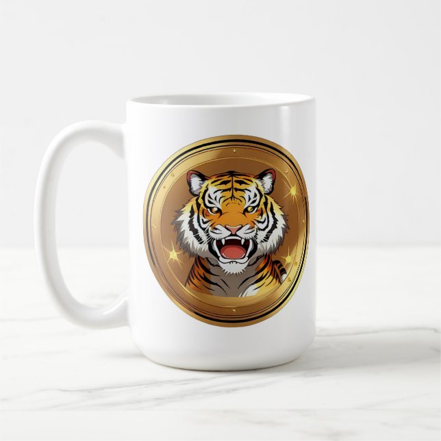 Caneca De Café Emblema de Cabeça de Tigre em Fundo Circular Doura (Esquerda)