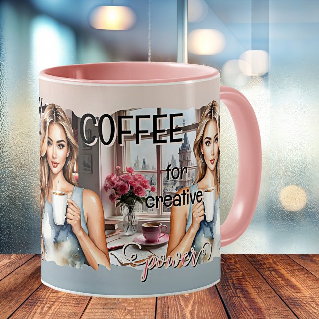 Caneca De Café Empoderamento das mulheres criativas artísticas (Office mug featuring a watercolor illustration of a young woman with coffee. Empowering women.)