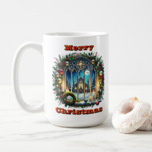 Caneca De Café Encantadora Janela De Natal Com Decoração Festiva