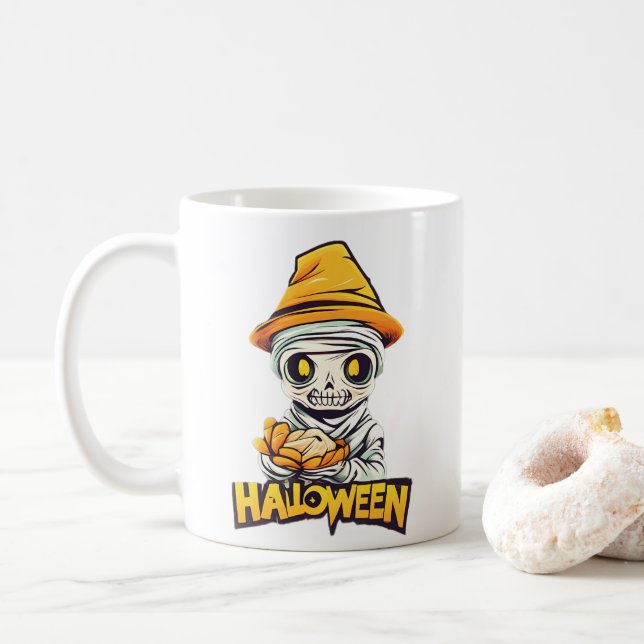 Caneca De Café Encantadora Múmia Design de Halloween Cute e Spook (Com Donut)