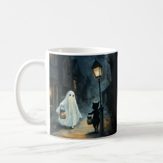 Caneca De Café Encontro de Ghost e Gato do Halloween (Esquerda)