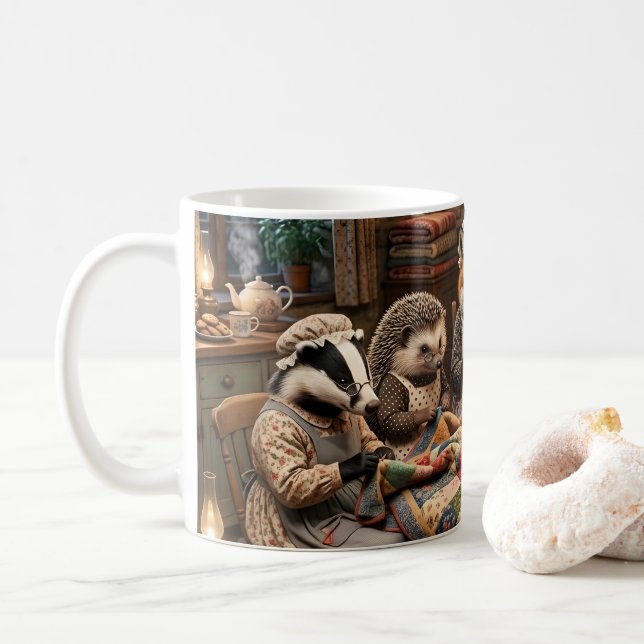 Caneca De Café Encontro de Patchwork de Criaturas da Floresta (Com Donut)