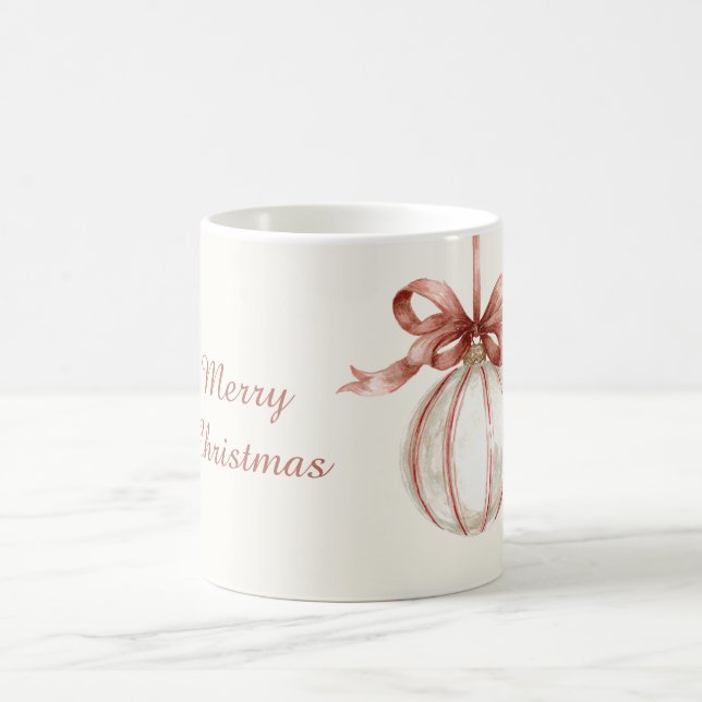 Caneca De Café Enfeite de Natal Branco Marfim com Listras e Laço  (Centro)