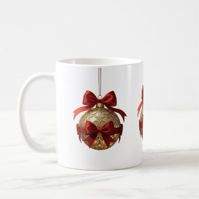 Caneca De Café Enfeite de Natal Elegante Bege e Vermelho (Esquerda)