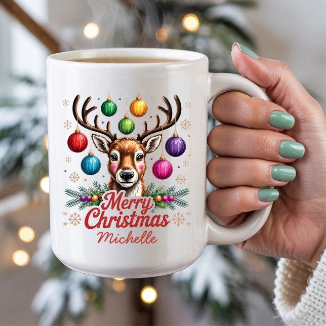 Caneca De Café Enfeites de Natal Rena com Nome Personalizado (Criador carregado)
