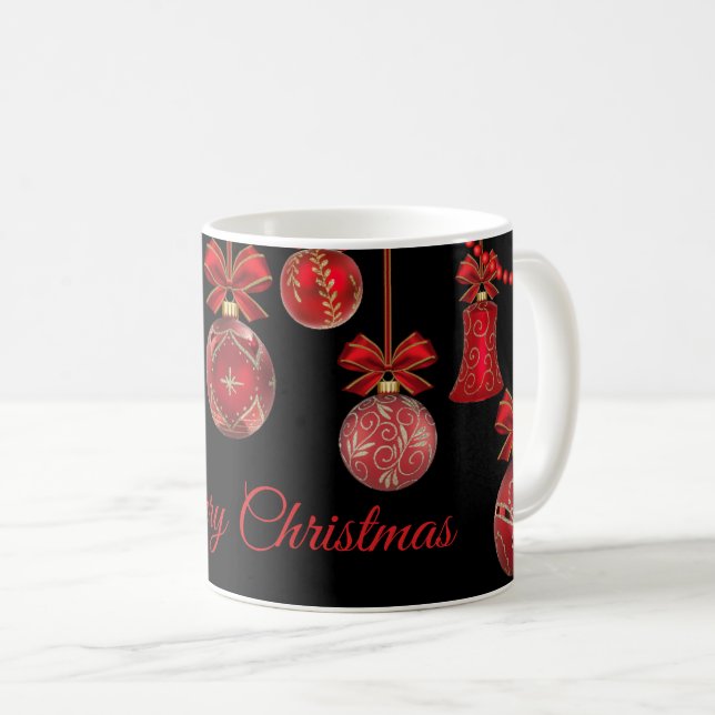 Caneca De Café Enfeites de natal vermelhos ouros pretos (Frente Esquerda)